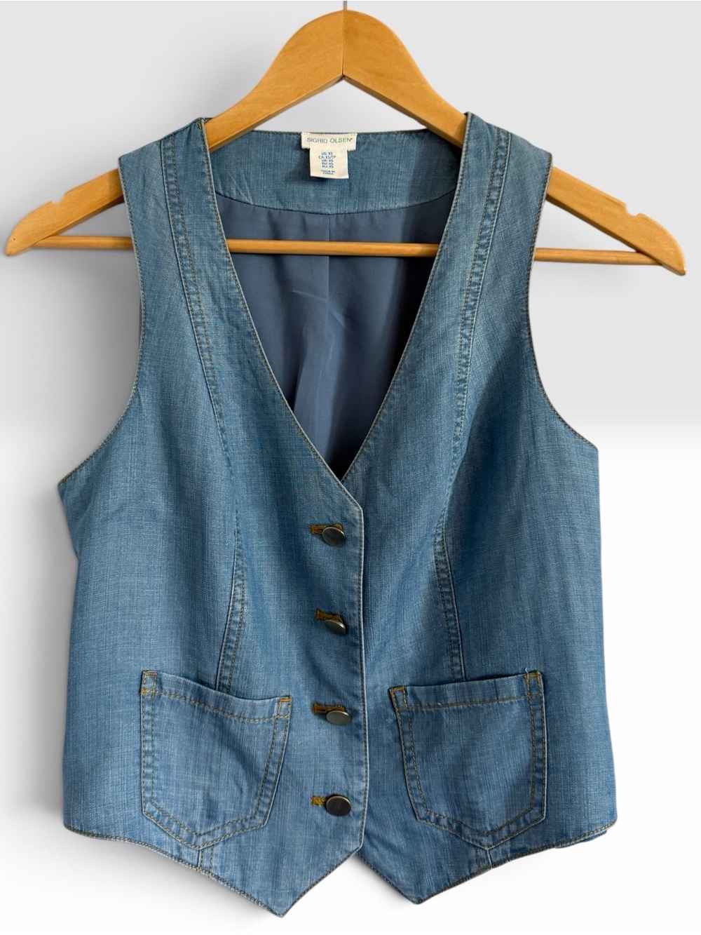 SIGRID OLSEN Women’s Denim Chambray Vest With Brushed Gold Buttons XS